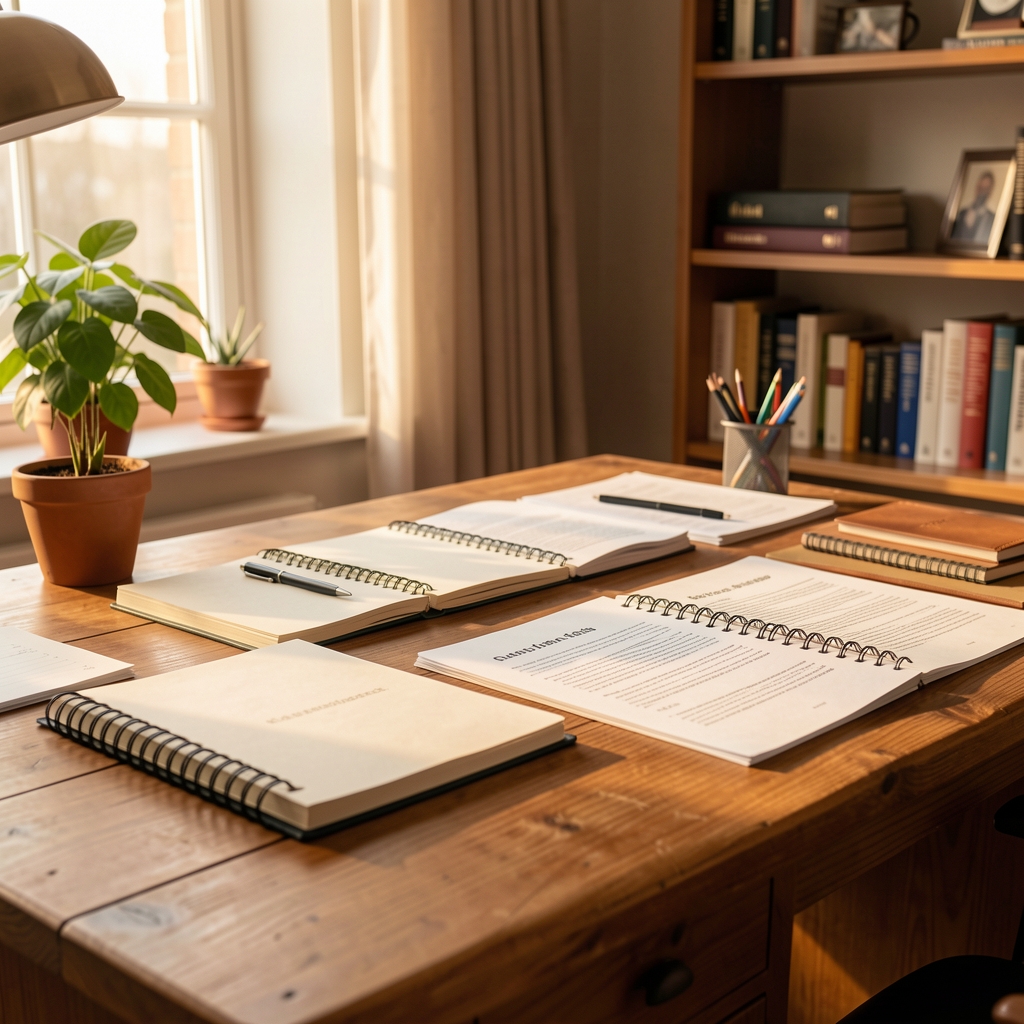 Editorial workspace with papers, notebooks and a laptop on a clean wooden desk in a bright London studio
