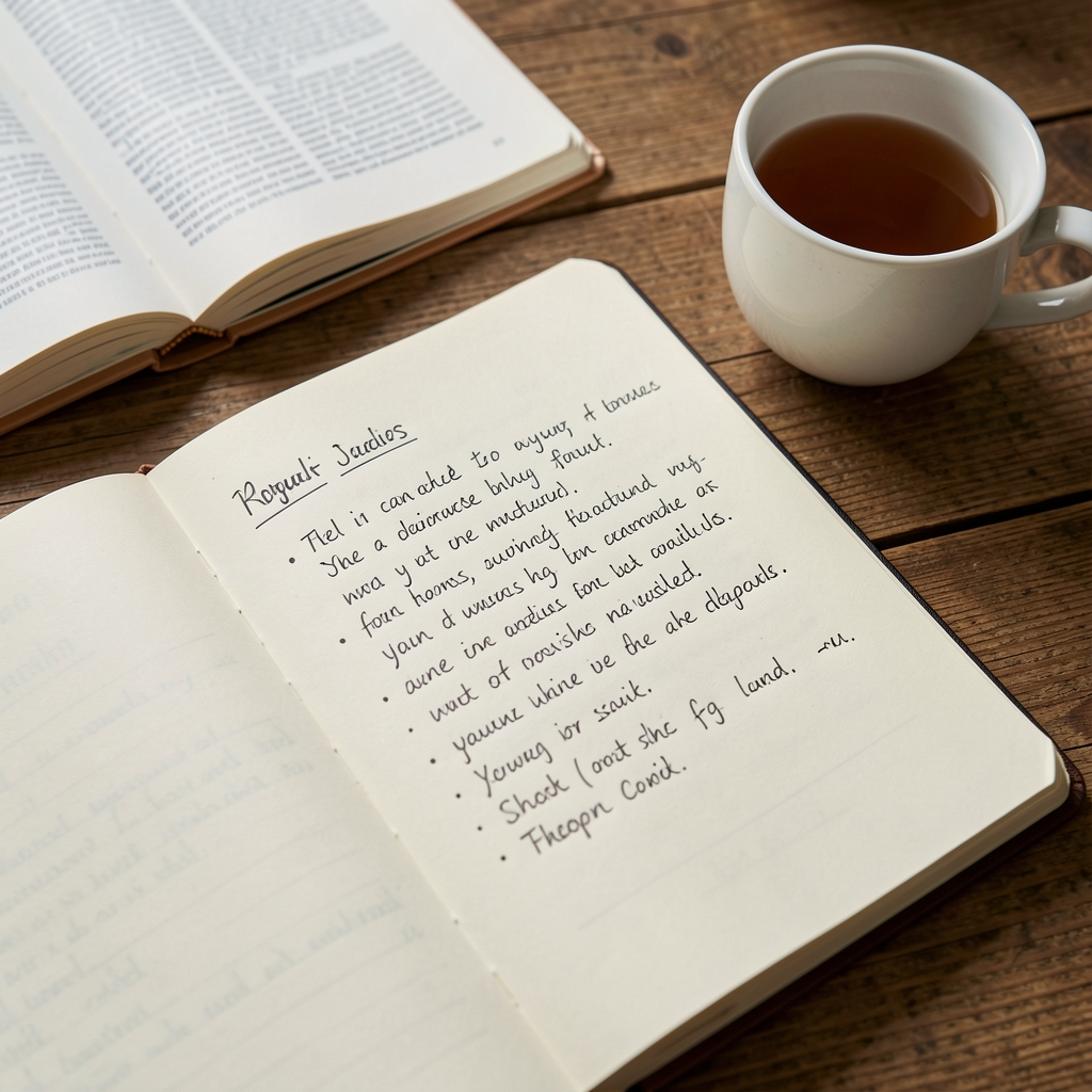 Close-up of an open notebook with handwritten research notes on a wooden desk, a cup of tea and printed journal pages visible nearby