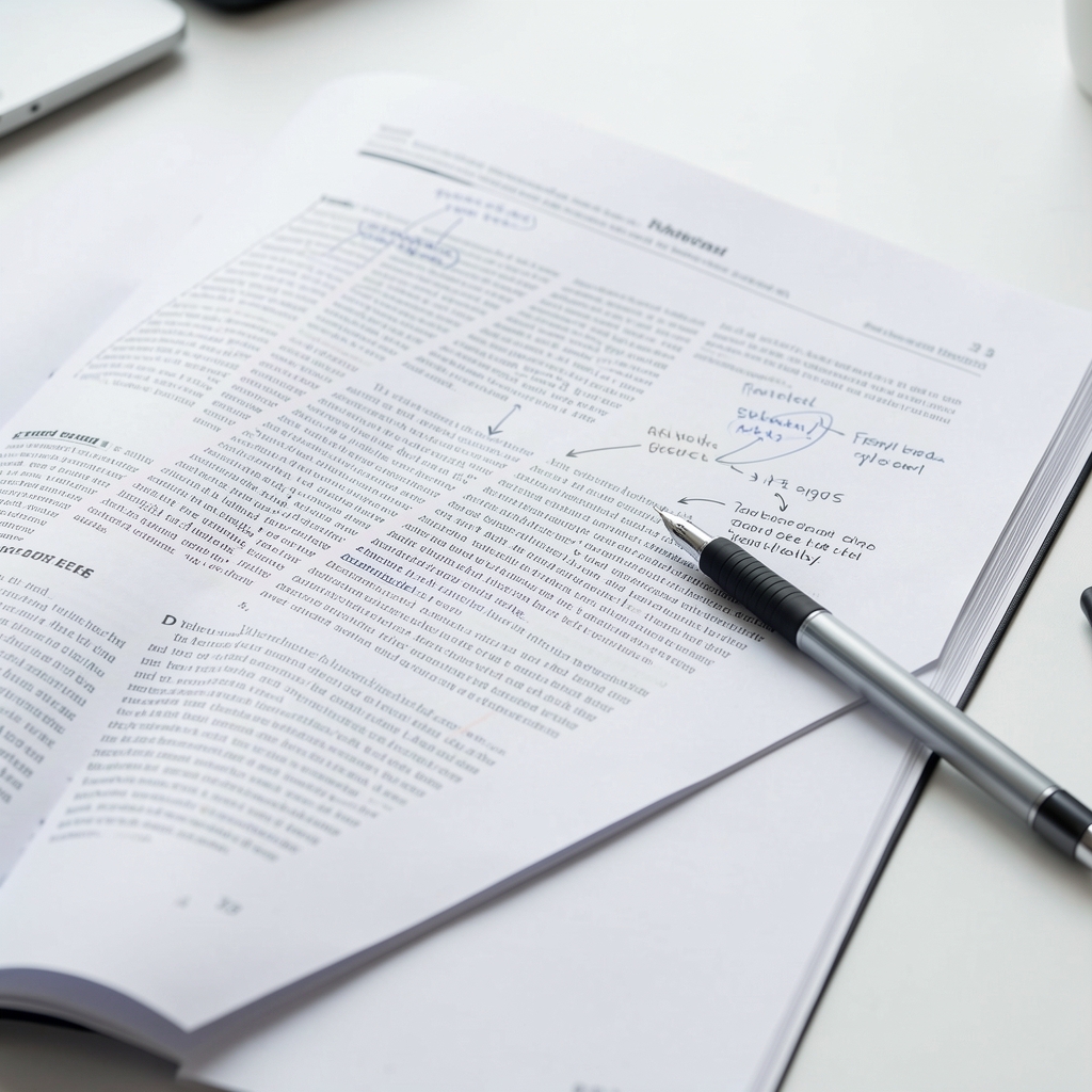 Detail shot of a printed article layout spread on a white desk, with editorial annotations and a fine-tipped pen resting on the page