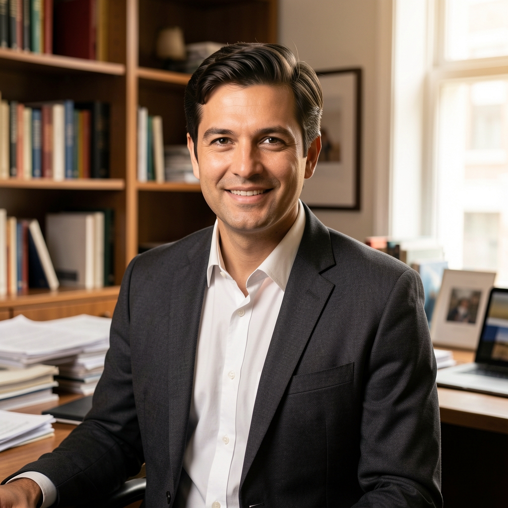 Tobias Ashcroft, contributing writer at Kareno Dispatch, photographed in a warm editorial office setting with books and papers in the background