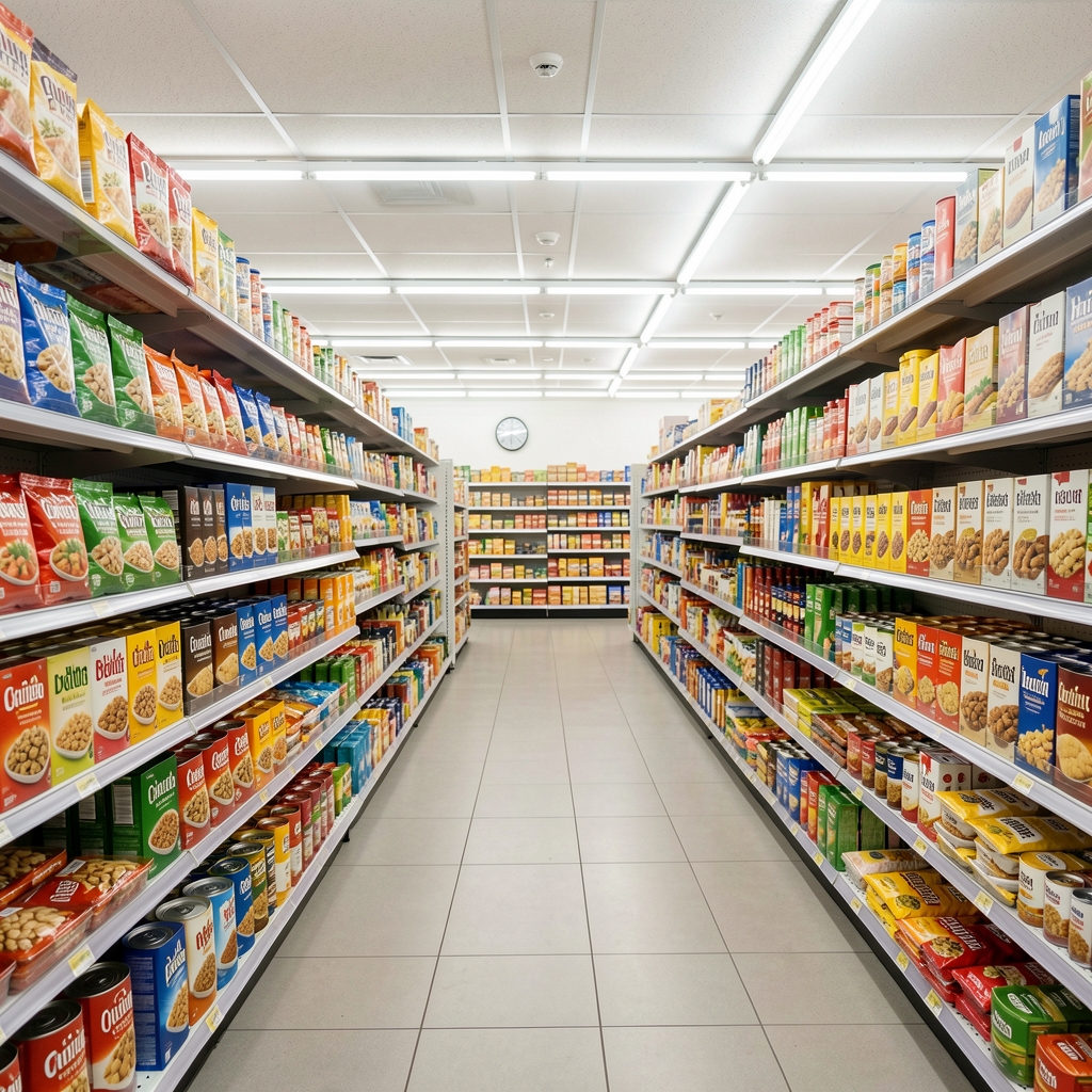 Supermarket aisle with rows of packaged and ultra-processed food products under bright fluorescent lighting