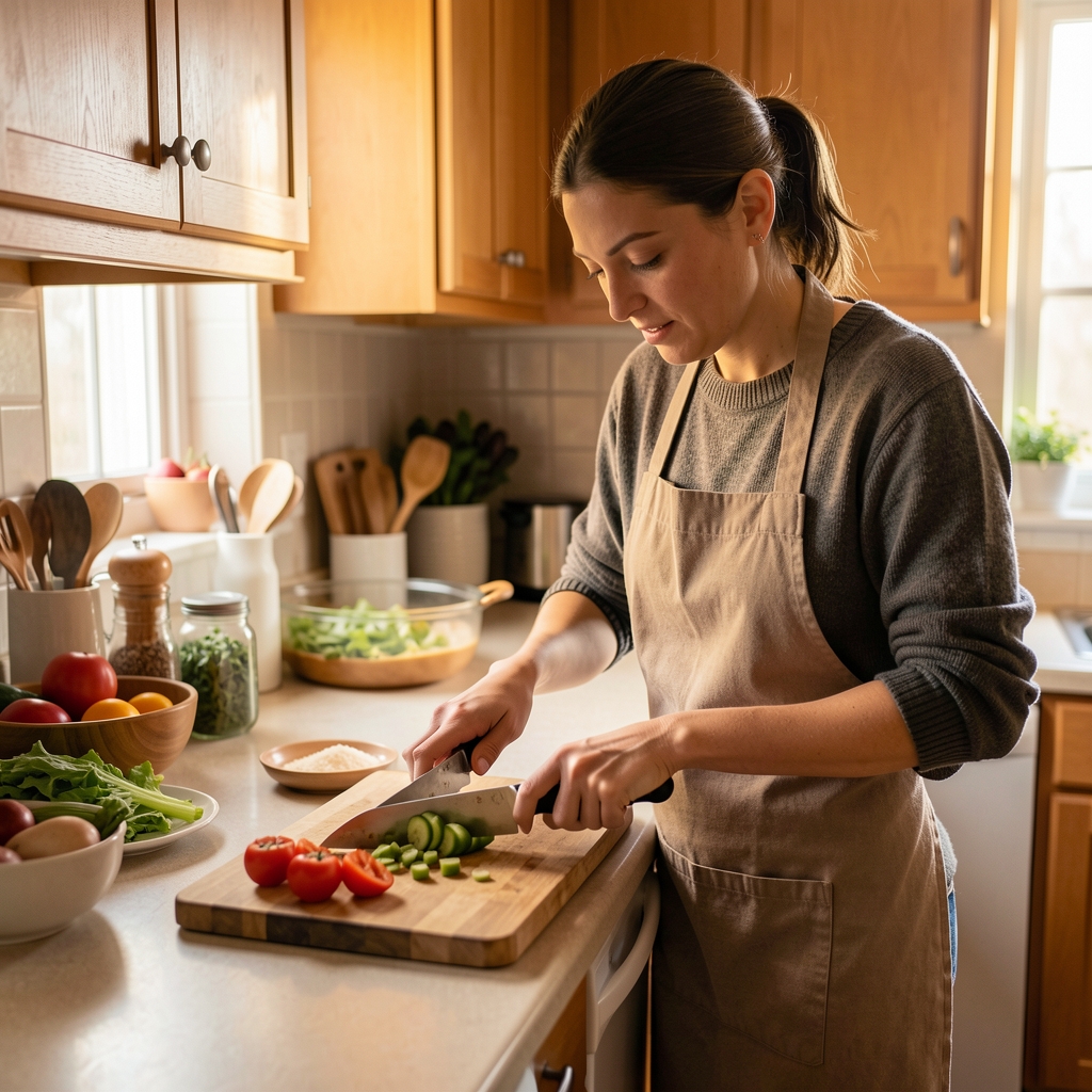 Person cooking a simple meal at home in a warmly lit kitchen, chopping vegetables on a wooden board