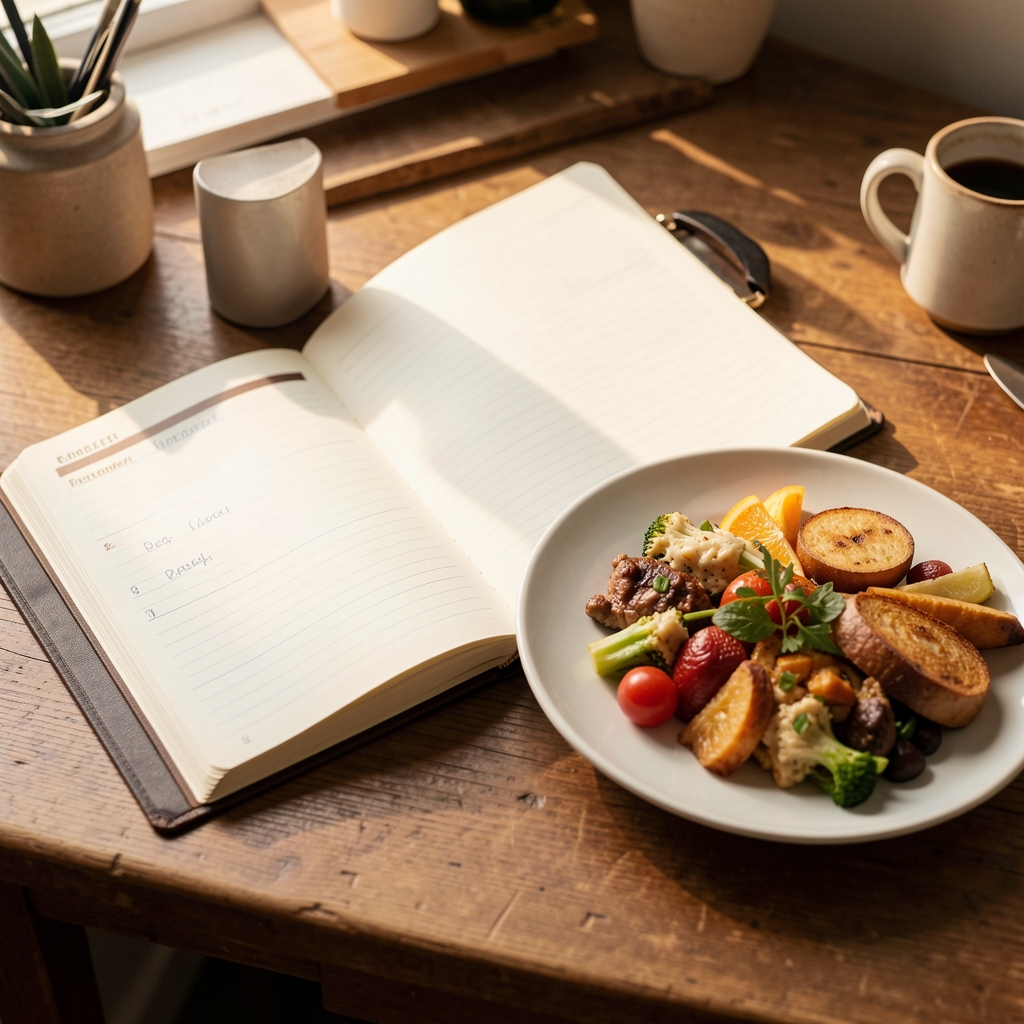 Open notebook and a plate of food on a wooden desk in warm morning light, showing a food journal spread