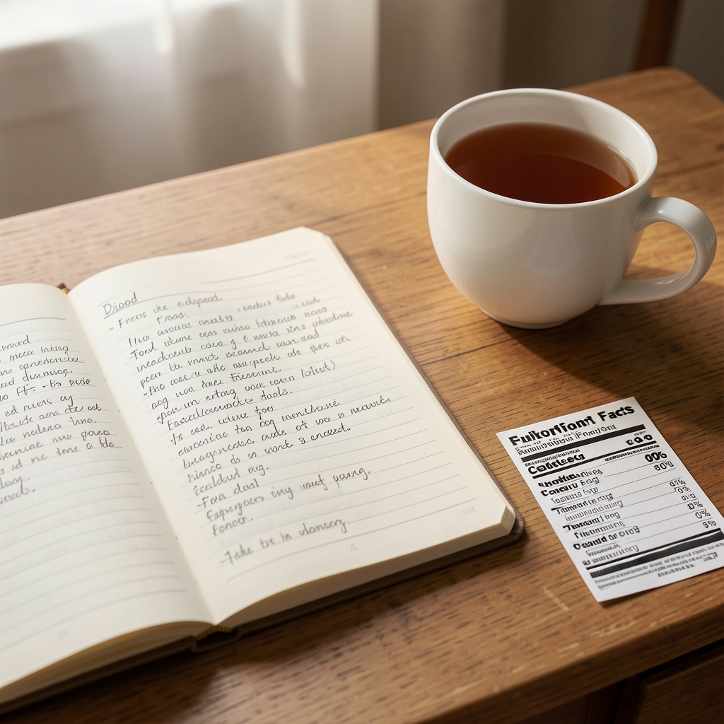 Close-up of a food diary with handwritten notes and nutritional labels beside a cup of tea on a desk